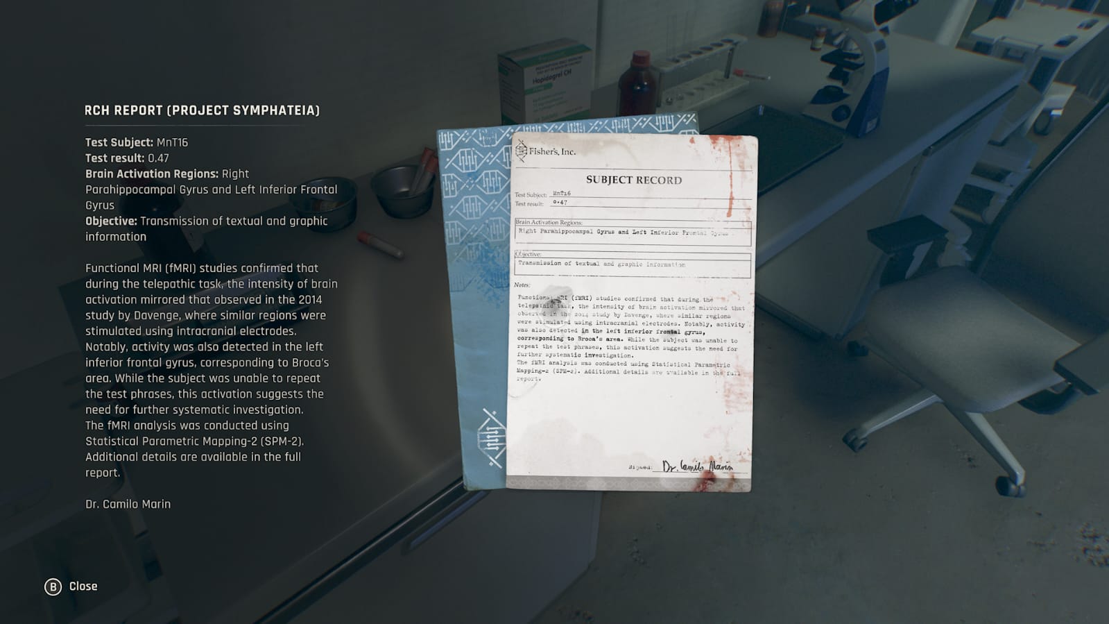 Dying Light: The Beast screenshot showing a document that contains notes on another experiment by Dr Camilo Marin.