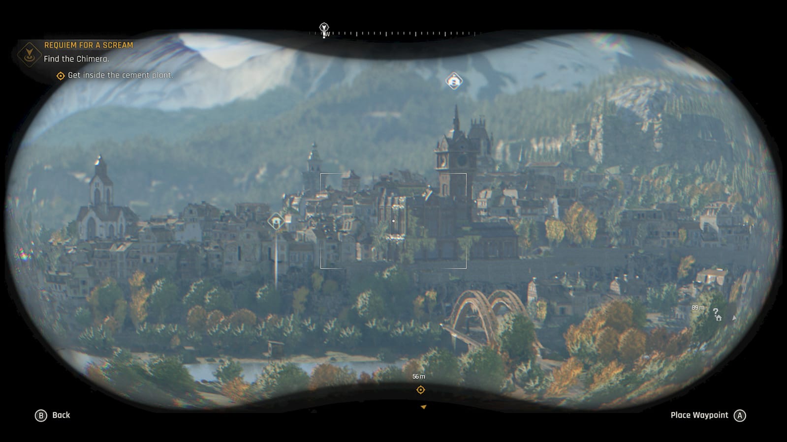 Dying Light: The Beast screenshot showing a view of the town through Kyle Crane's binoculars.