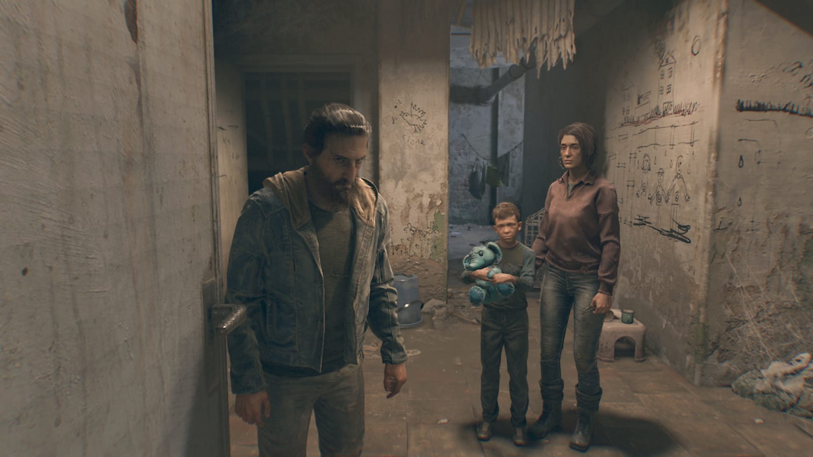 Dying Light: The Beast screenshot showing a downcast father, mother and son inside a bleak stone room.