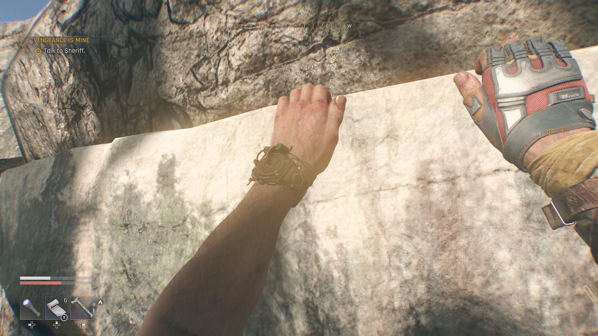 Dying Light: The Beast screenshot showing Kyle Crane holding on to a stone ledge.