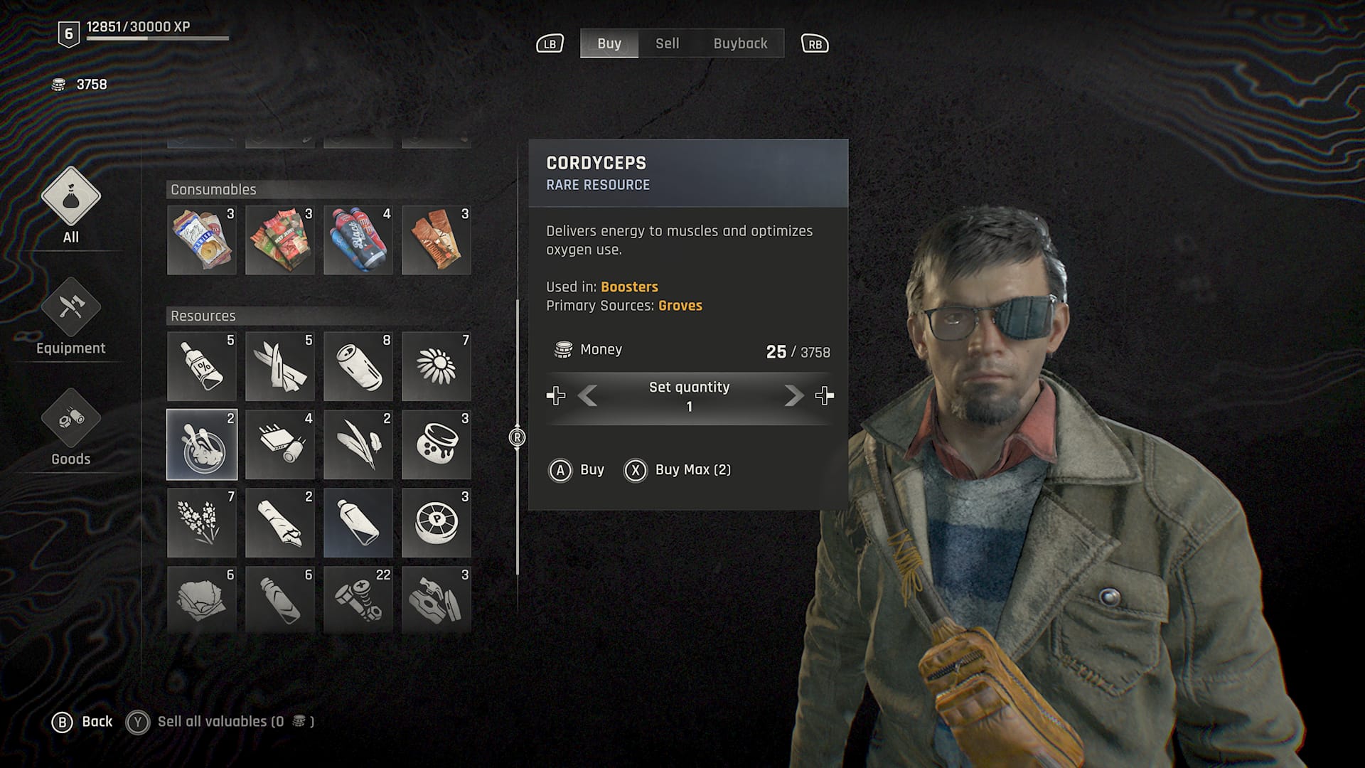 Dying Light: The Beast screenshot showing a shop seller's inventory page, with a picture of the seller and the highlighted item, cordyceps.