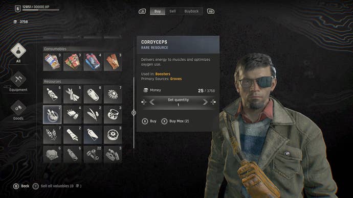 Dying Light: The Beast screenshot showing a shop seller's inventory page, with a picture of the seller and the highlighted item, cordyceps.