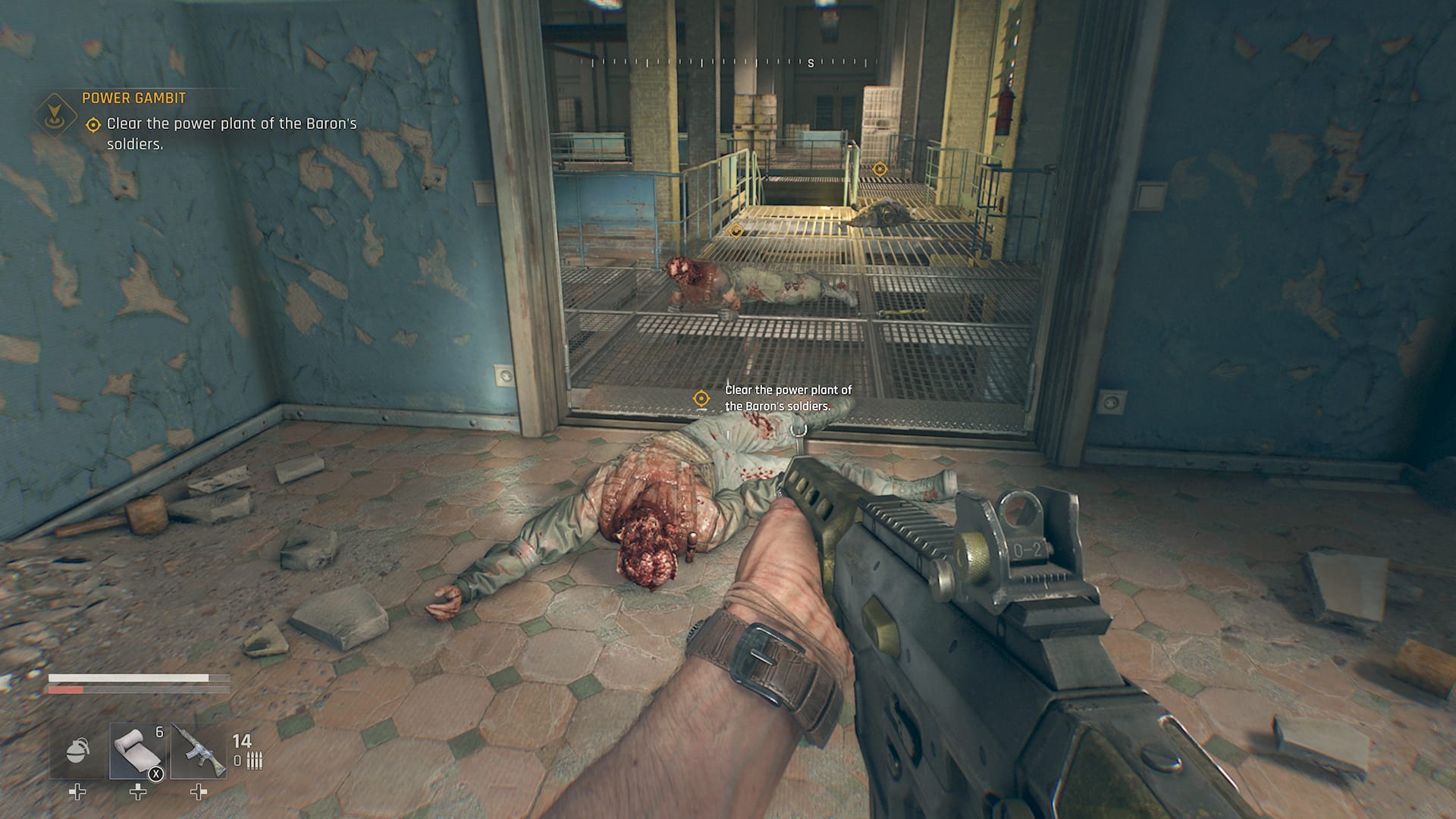 Dying Light: The Beast screenshot showing dead enemy soldiers with the glitched target icon still over them.