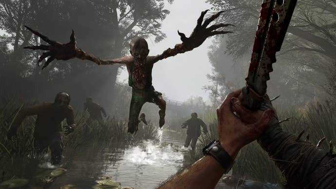 A man with a big stabber fends off leaping undead in Dying Light: The Beast.