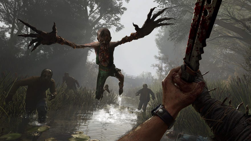 A man with a big stabber fends off leaping undead in Dying Light: The Beast.
