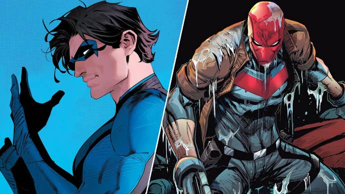 On the left, Nightwing smiling slightly, hand raised and stretched out. On the right, Red Hood with an angry expression on his mask.