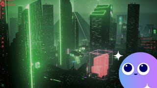 A cyberpunk city drawn in green neon in Dystopika. The image has the Wishlisted icon in the bottom right corner.
