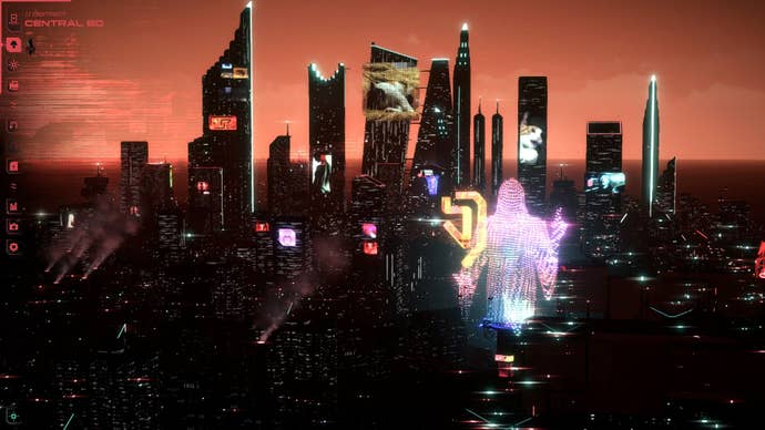 A cyberpunk city skyline with lots of cat adverts.