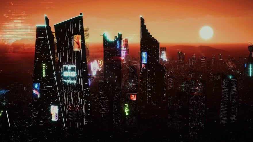 The sun sets in the distance behind a futuristic city with lots of neon signs.