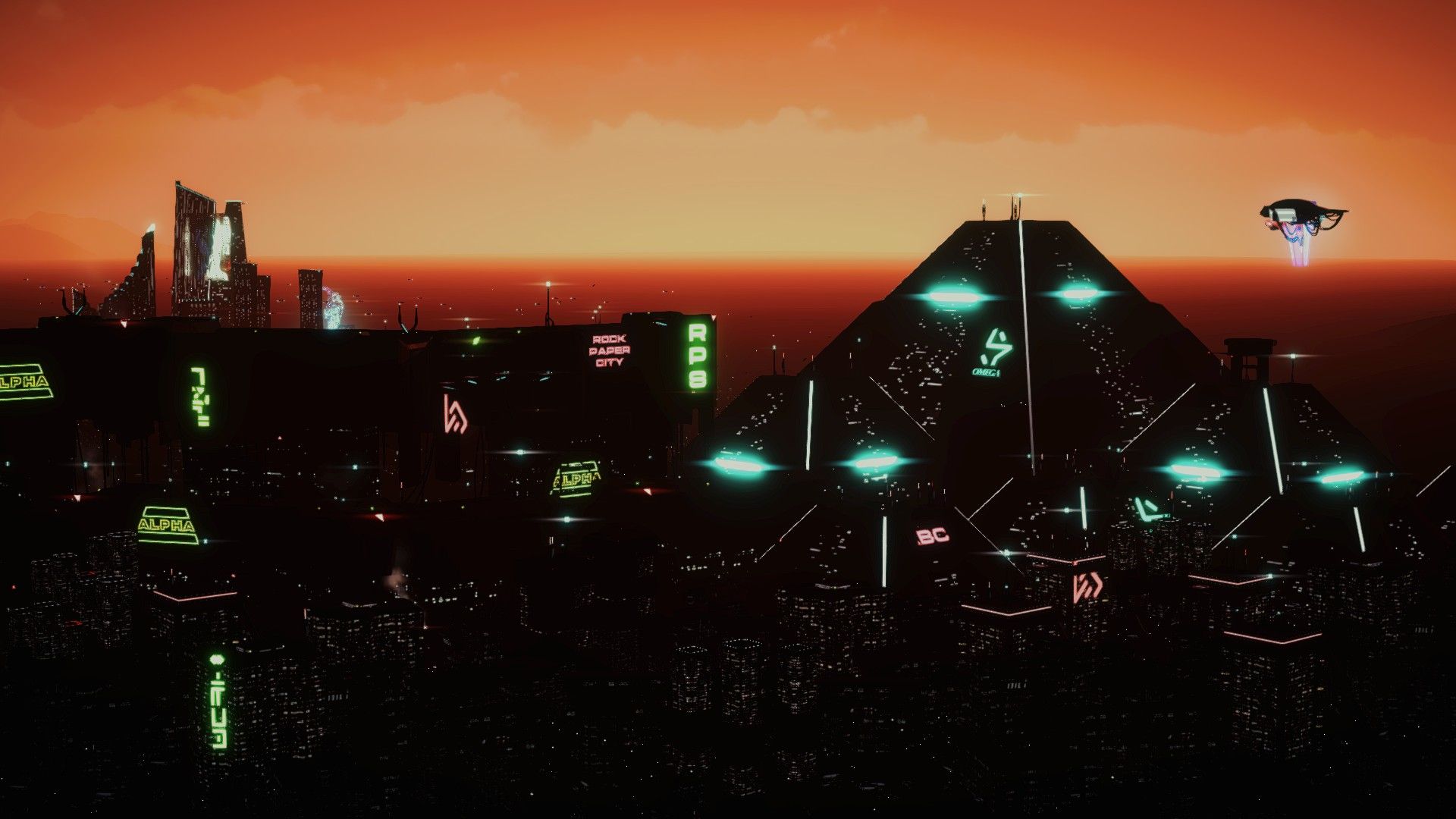 A floating advertisement barge shows off its commercials as it floats above a city of the future. - 8