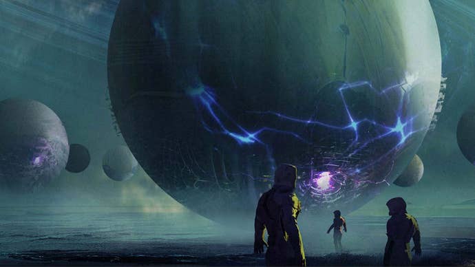 Exodus artwork showing silhouetted figures in front of a monolithic floating orb