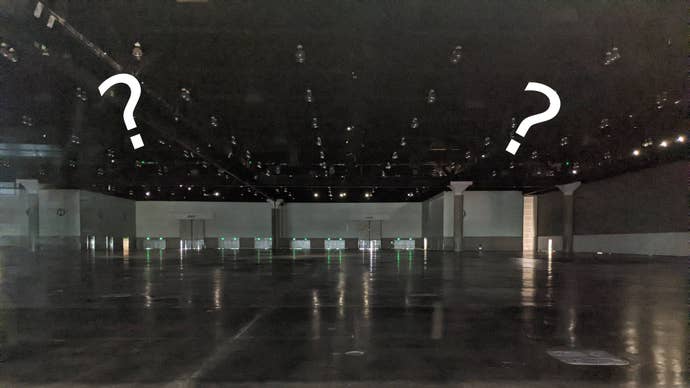 Emtpy E3 hall with question marks on it