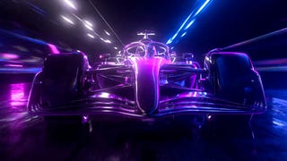 An image from EA's F1 24 announcement trailer showing a racing car barely visible aside from the purple and blue neon lights reflecting off its paintwork.