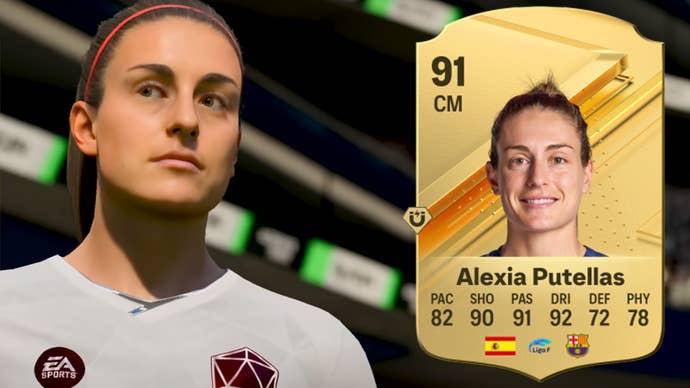 Alexia Putellas in EA FC 24 alongside her Ultimate Team card and rating.