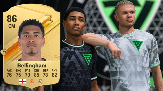 Jude Bellingham's card in EA FC 24 alongside the Real Madrid star and Erling Haaland in-game.