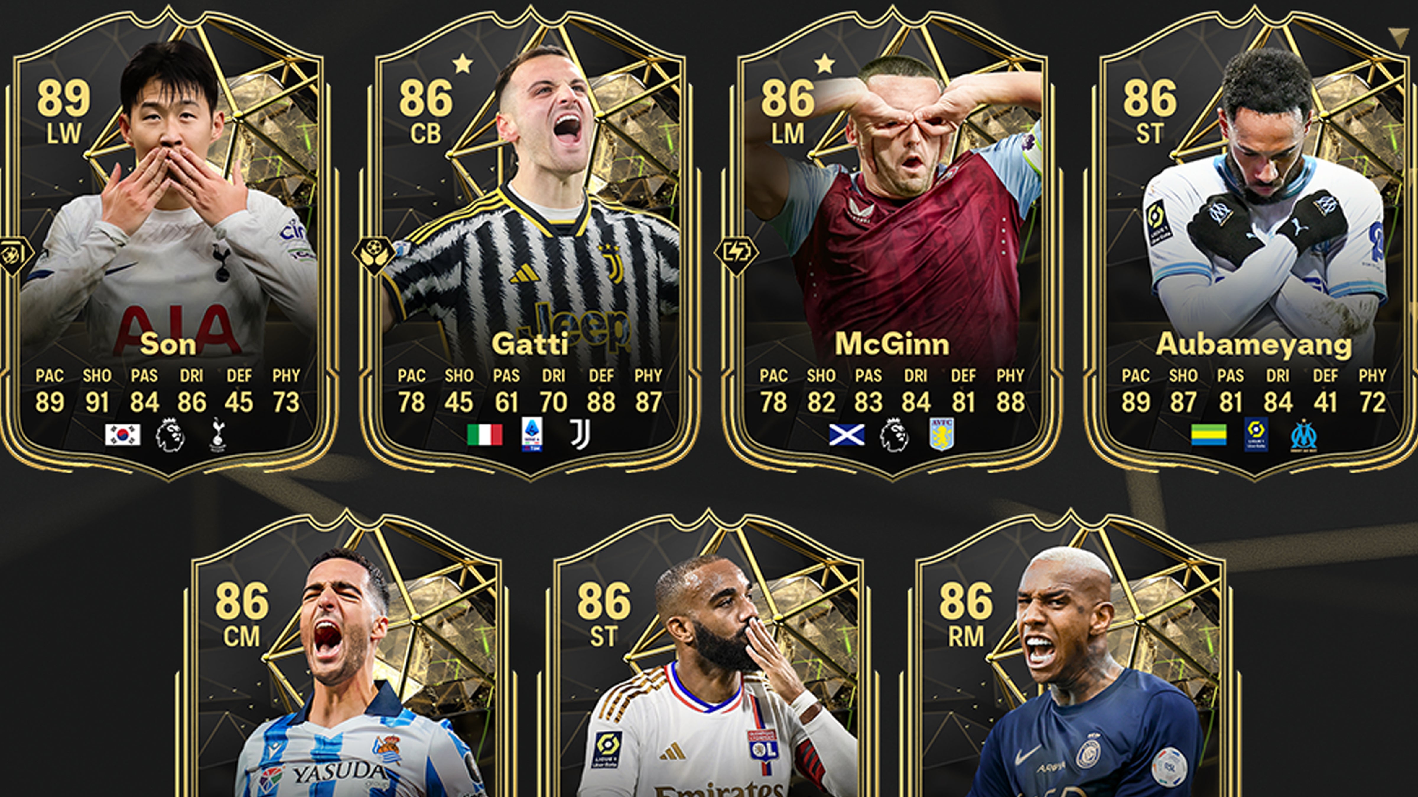 Upgraded Ultimate Team cards in the EA FC 24 TOTW 13 squad, including Tottenham&rsquo;s Son and McGinn from Aston Villa.