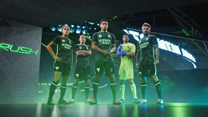 A selection of players wearing the Ultimate Team shirt, including Jude Bellingham, in EA FC 25.