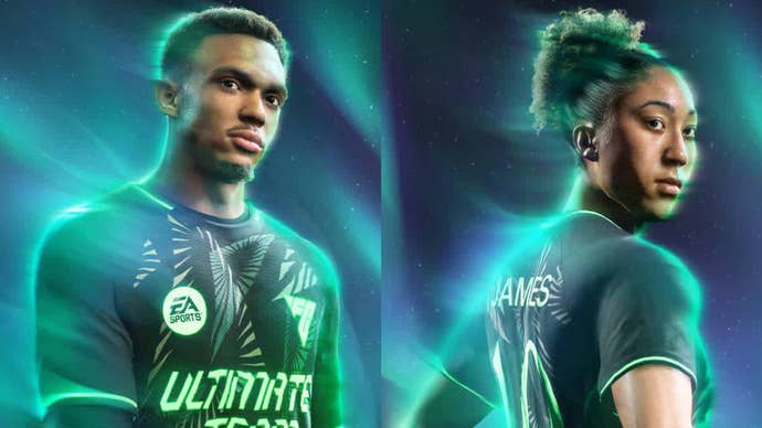 Lauren James and Trent Alexander-Arnold wearing Ultimate Team jerseys in EA FC 25.