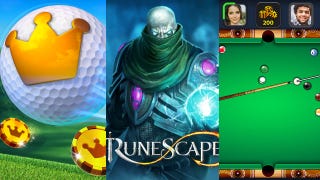 Promo images for EA's Golf Clash, Jagex's Runescape, and Miniclip's 8 Ball Pool