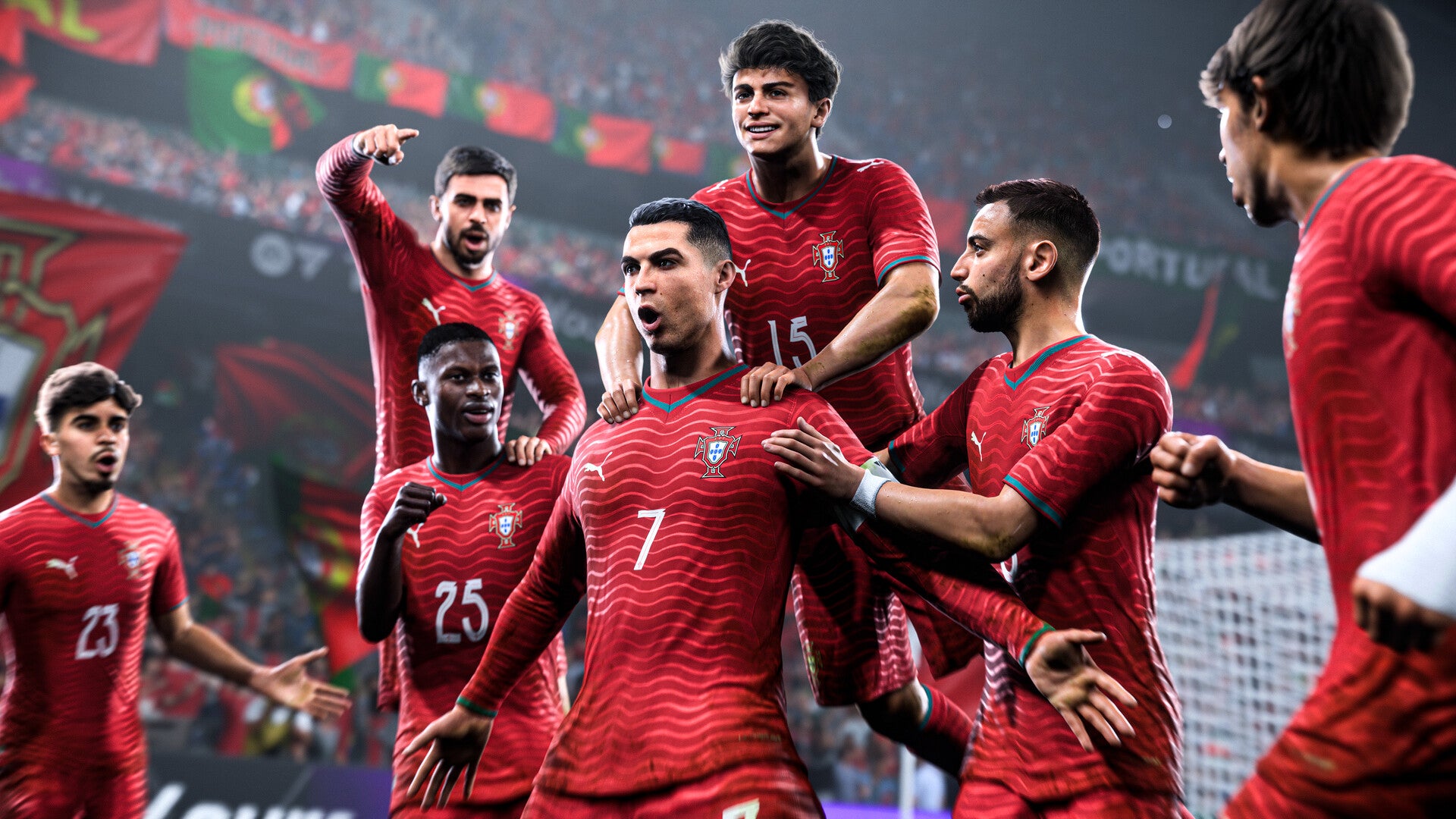 Saudi-linked footballer Cristiano Ronaldo celebrates in EA Sports FC 26.