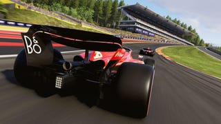 A Ferrari going up Eau Rouge in EA Sports F1 24.