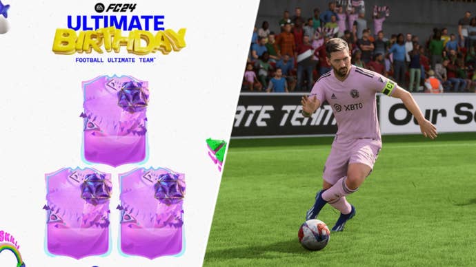 Leo Messi in EA Sports FC 24 and some Ultimate Birthday cards.