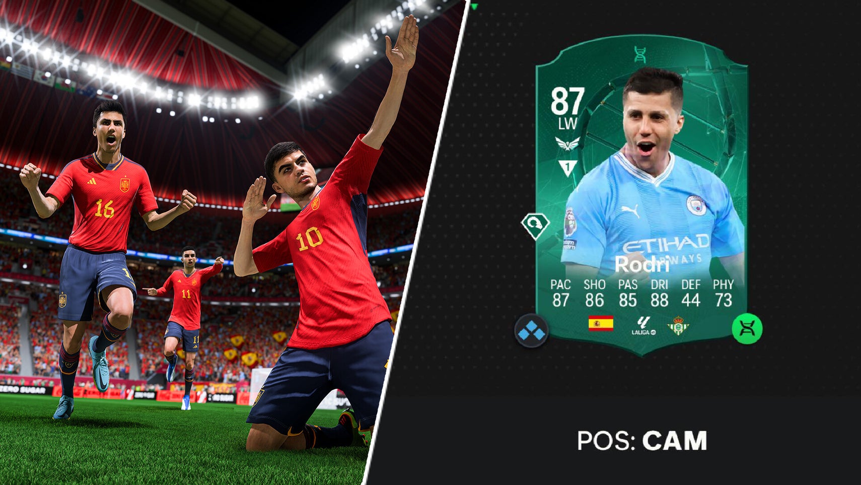 Rodri in FIFA 23 and the wrong Rodri on an EA Sports FC 24 Ultimate Team card. - 1
