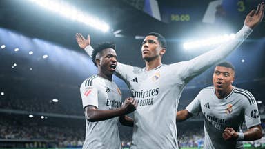 EA Sports FC 25 screenshot showing three players in white kits celebrating in a stadium