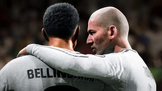 Zinedine Zidane whispering sweet nothings to Jude Bellingham in EA Sports FC 25.