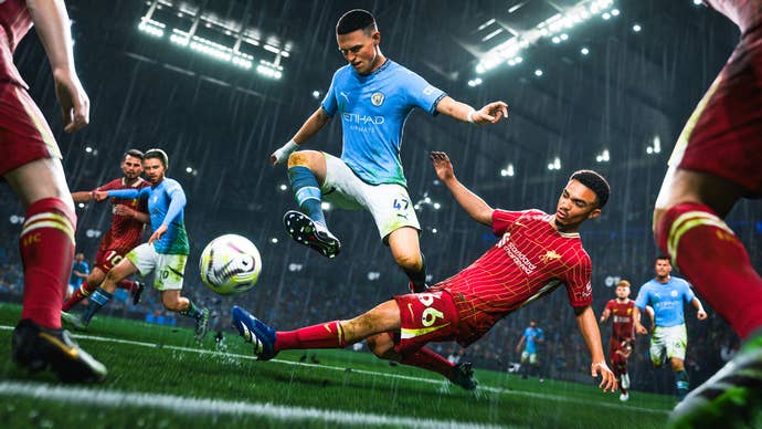 Some Man City and Liverpool players playing the footy in EA Sports FC 25.