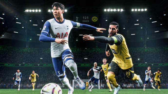 Son Heung-min and Emre Can jostling for the ball in EA Sports FC 25.