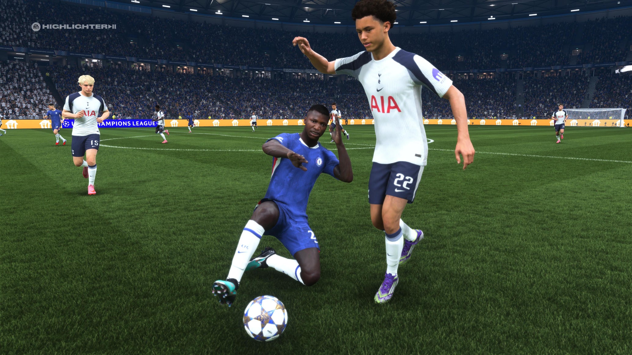 Moises Caicedo of Chelsea sliding in to tackle Brennan Johnson of Spurs in EA Sports FC 26. - 1