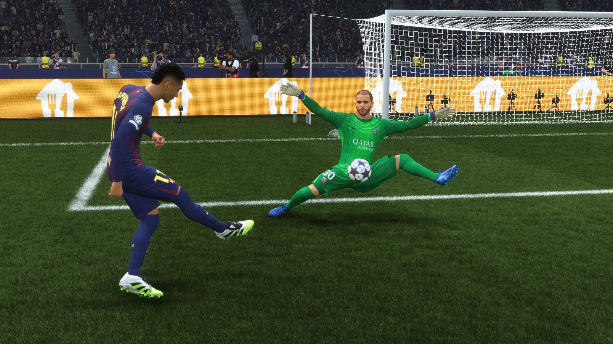 Lucas Chevalier making a save from Raphinha in EA Sports FC 26. - 1
