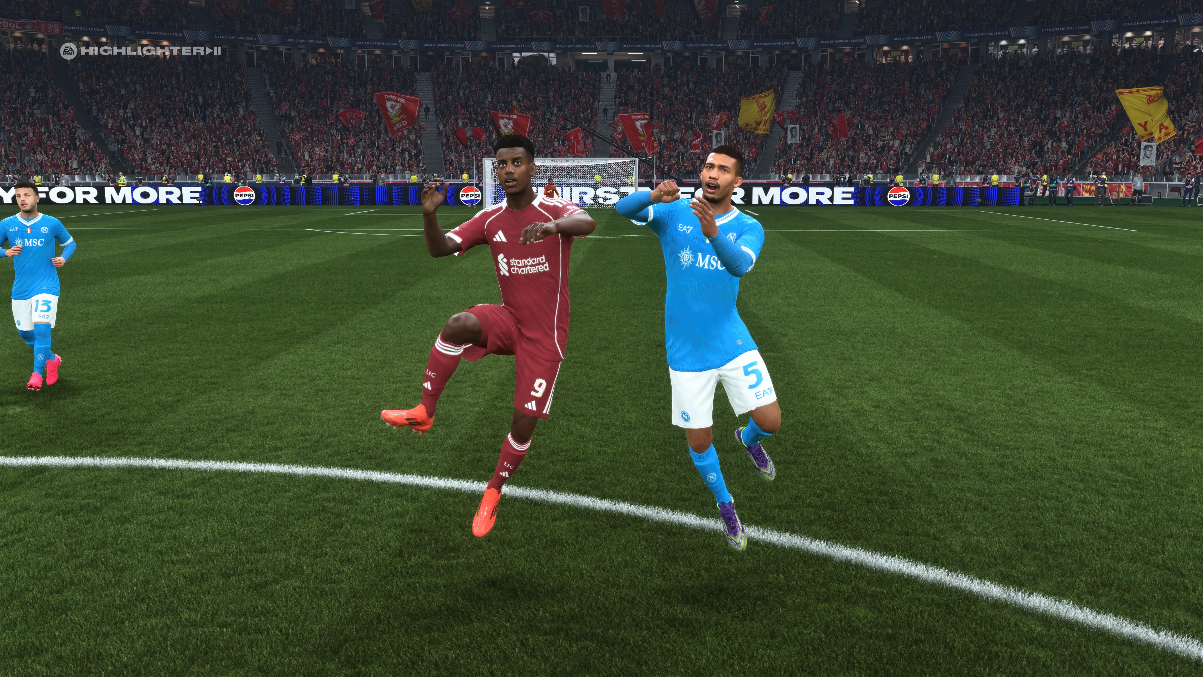 Alexander Isak of Liverpool and Juan Jesus of Napoli jumping for a header in EA Sports FC 26. - 1