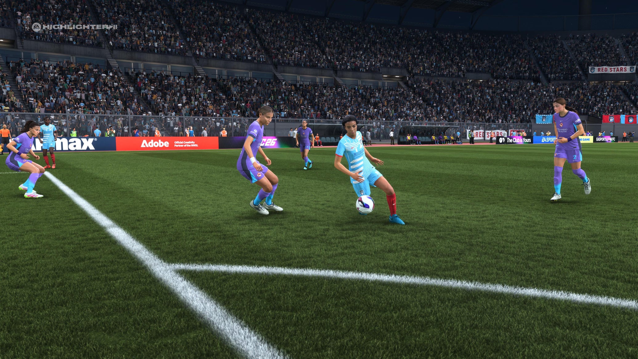 Mallory Swanson dribbling past a defender in EA Sports FC 26. - 1