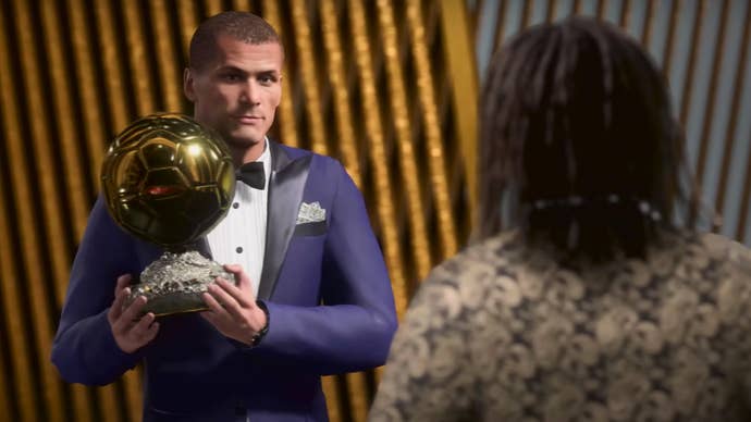 The Ballon D’or being awarded to a player onstage during an EA Sports FC cutscene.