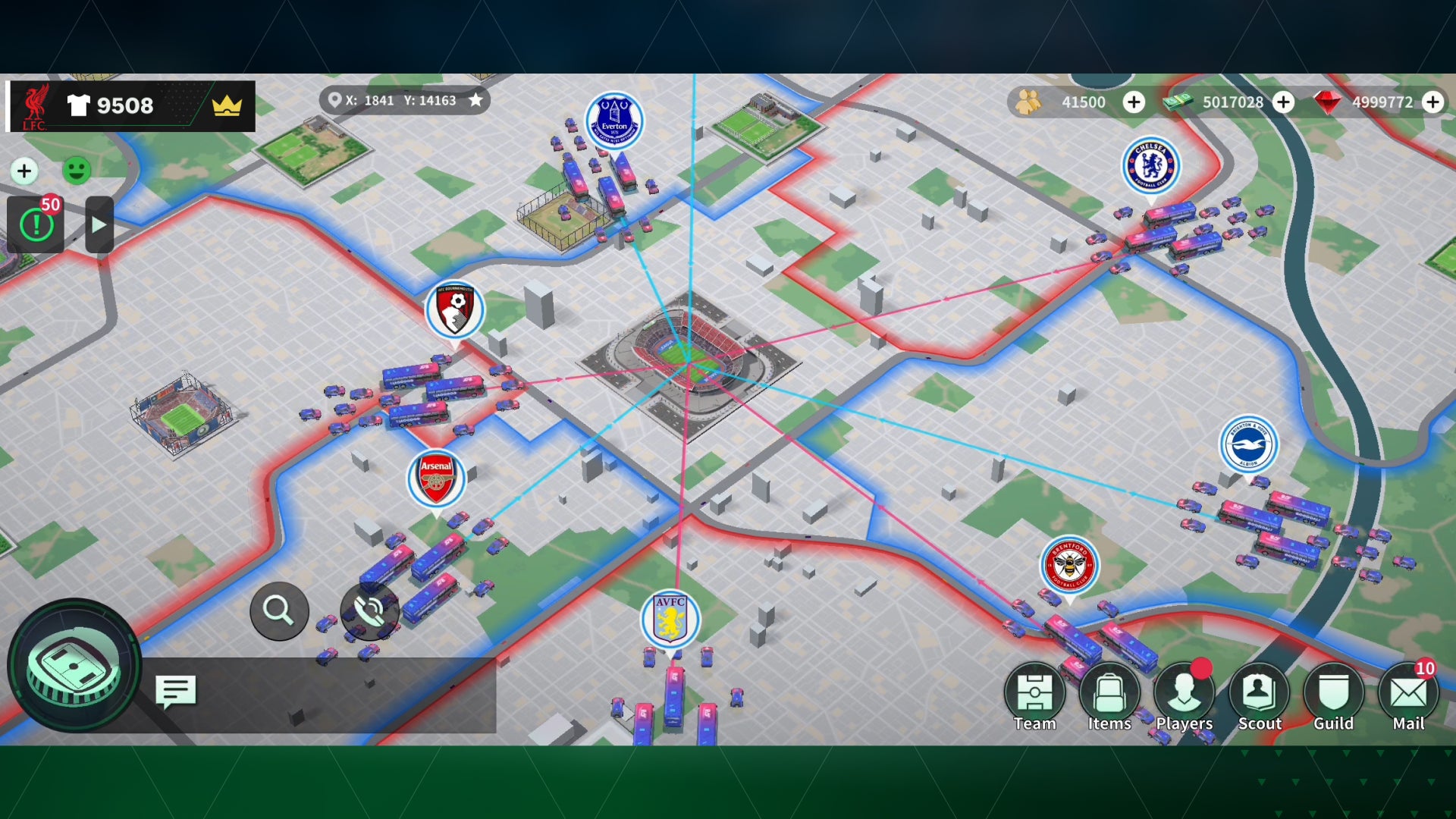 The world map screen in EA Sports FC Empires, with lines going from the player's home stadium to other teams' stadiums. - 4
