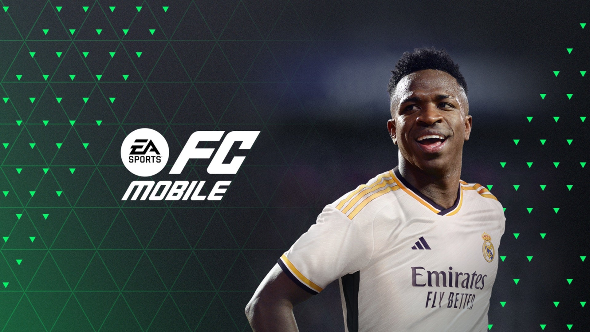 A football player in an Emirates-sponsored white-and-gold kit is framed against the green-and-black EA Sports FC Mobile logo and background. - 1