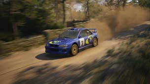 The legendary Subaru Impreza speeding along a rally track in EA WRC