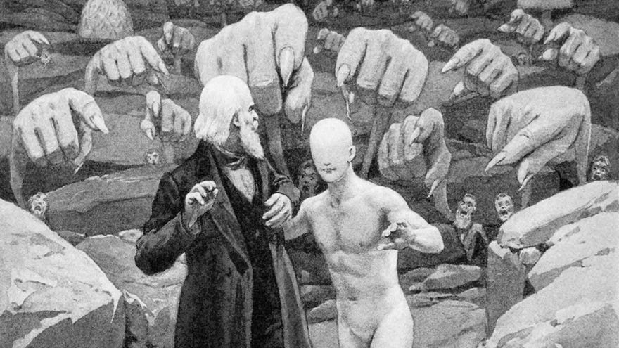 A man in a black Victorian suit, turning to look as many giant hands, as if sprouting from a rocky landscape, point at him, and he is lead away by a naked humanoid with no hair, eyes or genitals. From an illustration for Etidorhpa, or, The End Of Earth