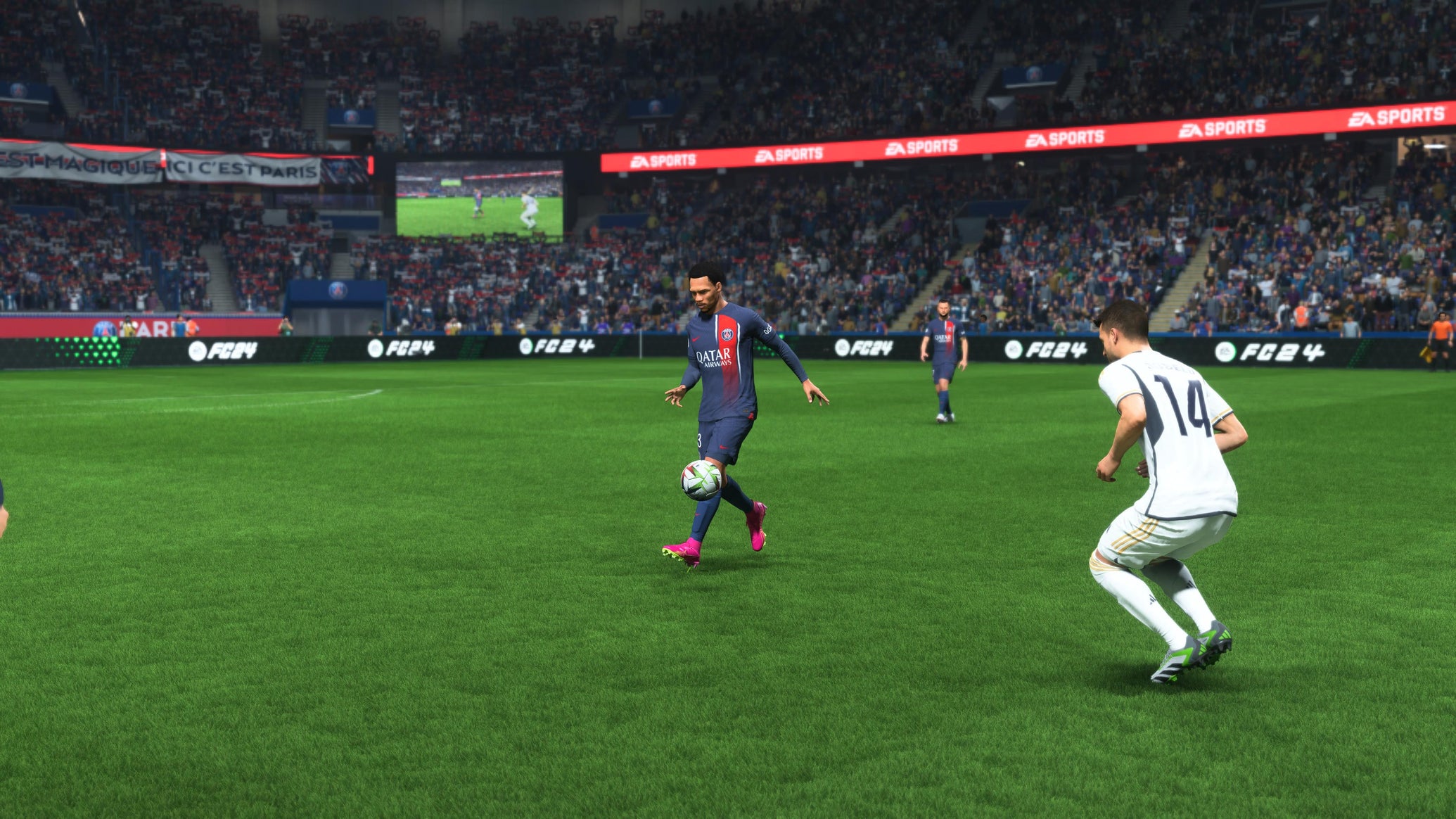 A player trapping the football to pass it to a teammate in EAFC 24 - 1