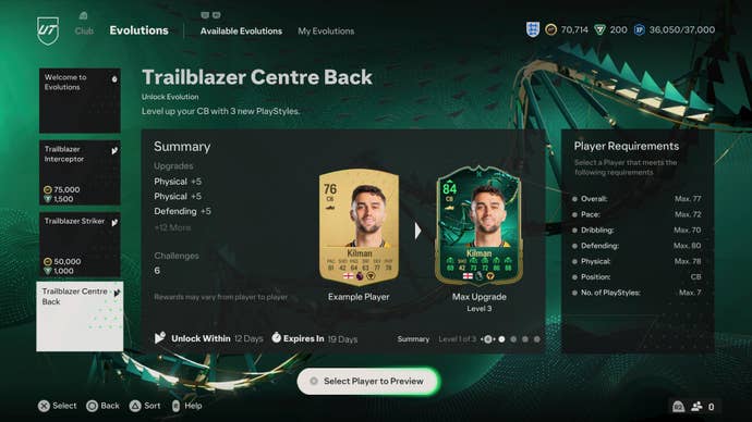 The Trailblazer Centre Back Evolution menu in EAFC 24 showing the Wolves defender Max Kilman.