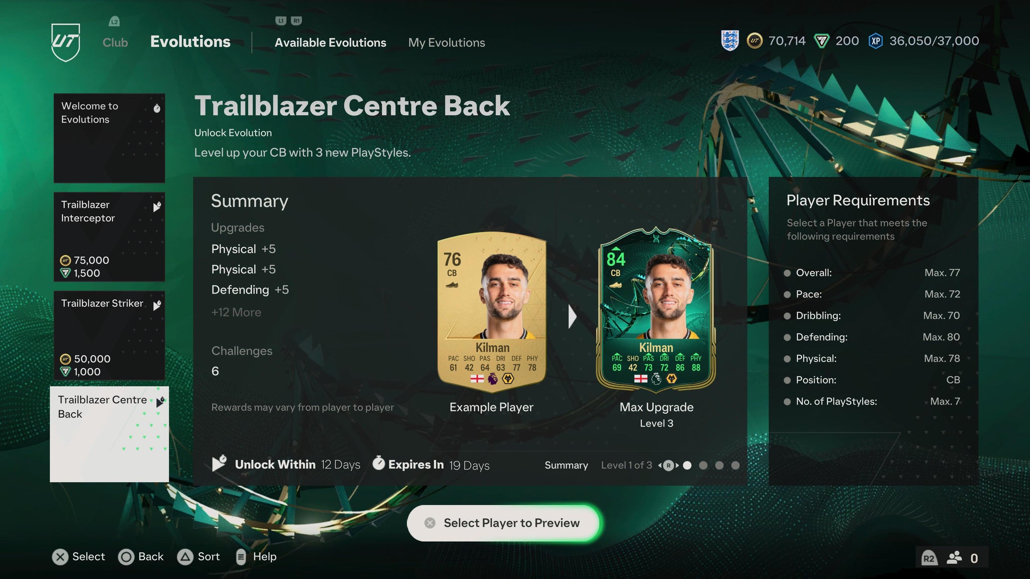 The Trailblazer Centre Back Evolution menu in EAFC 24 showing the Wolves defender Max Kilman. - 1