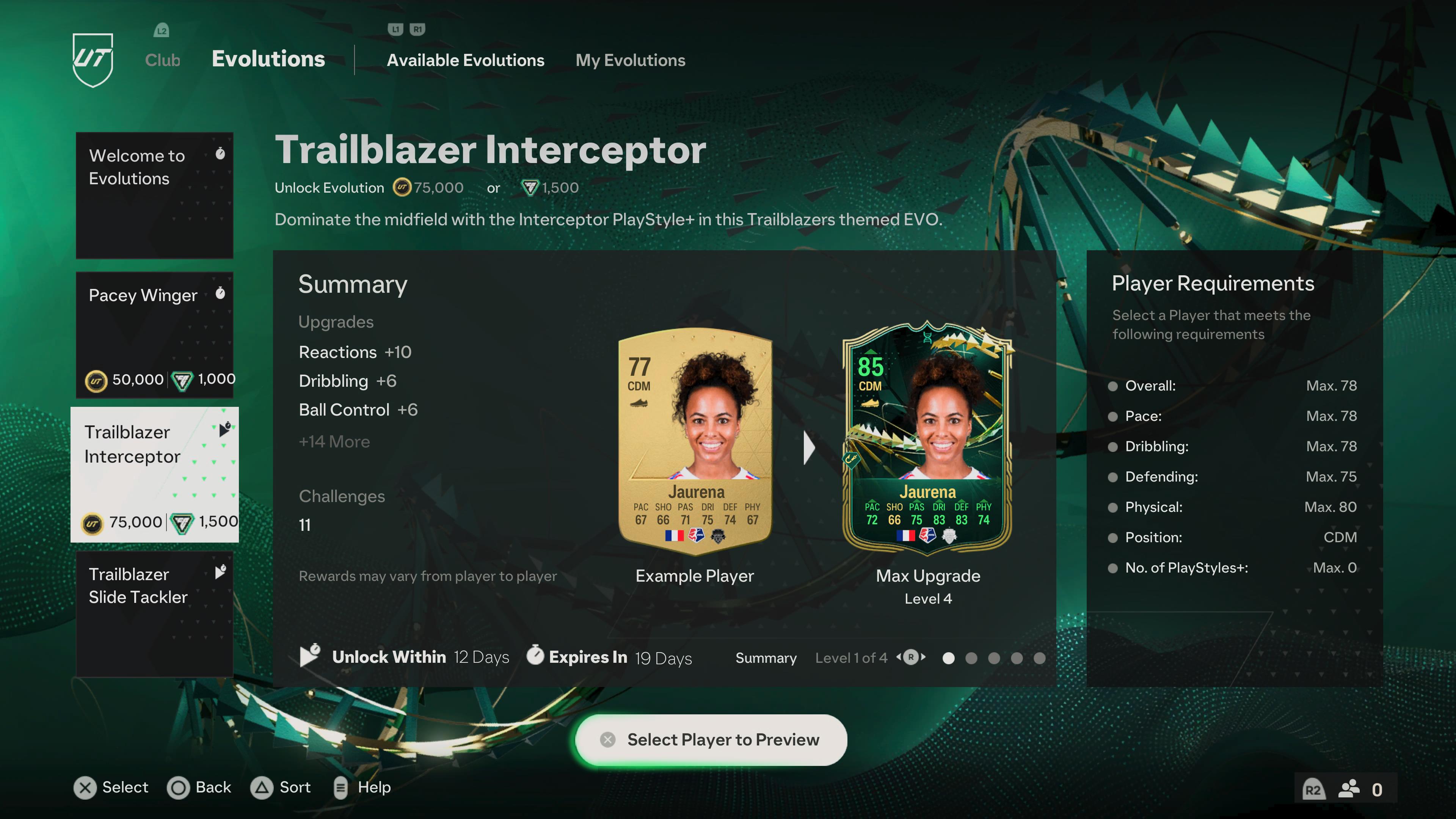 The Evolution menu in EAFC 24, featuring the Trailblazers Interceptor Evolution