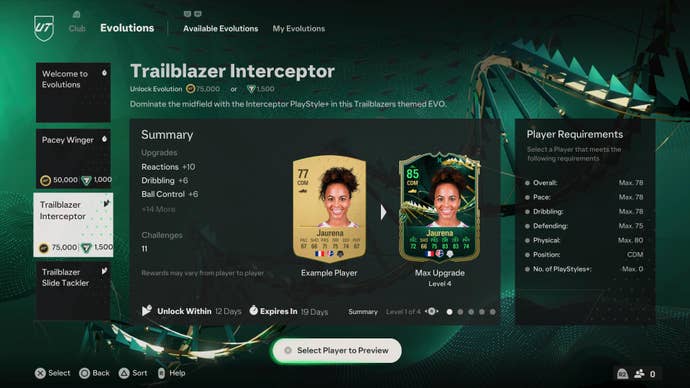 The Evolution menu in EAFC 24, featuring the Trailblazers Interceptor Evolution