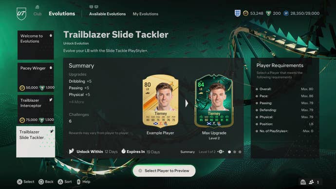 The Evolution menu in EAFC 24 featuring the Trailblazers Slide Tackler Evolution