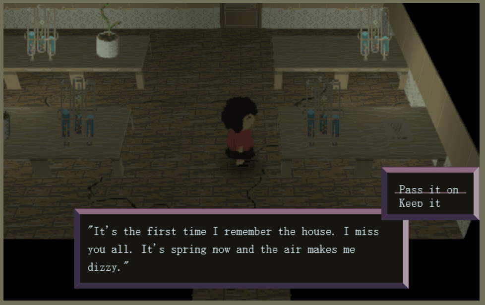 A screenshot of Behind The Red Dais, showing an evocative phrase from the game with the option to &ldquo;keep it&rdquo; or &ldquo;pass it on&rdquo;