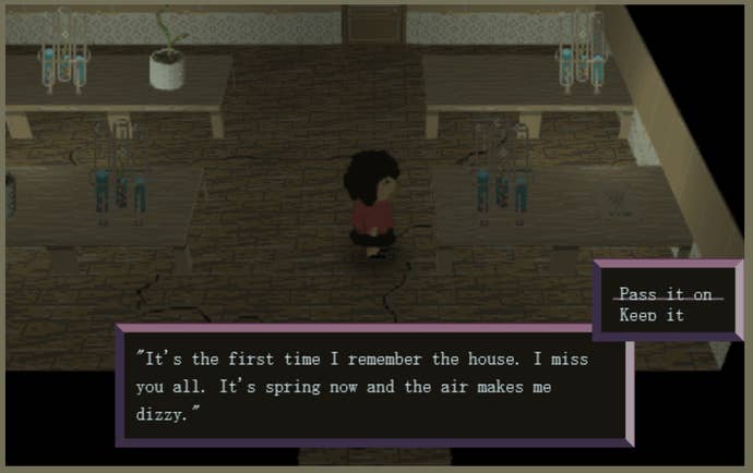 A screenshot of Behind The Red Dais, showing an evocative phrase from the game with the option to “keep it” or “pass it on”