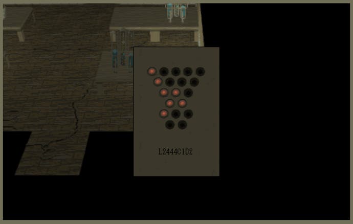 A screenshot of Behind The Red Dais, showing a piece of paper with a dot diagram on it and a letter-number sequence.