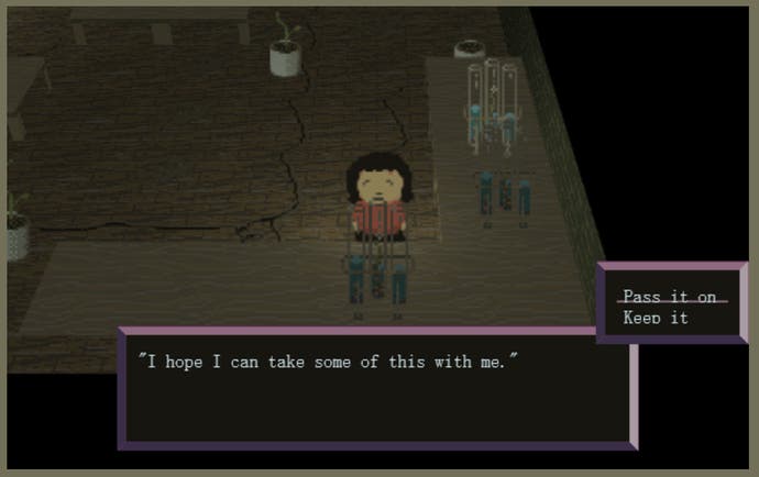 A screenshot of Behind The Red Dais, showing an evocative phrase from the game with the option to "keep it" or "pass it on"